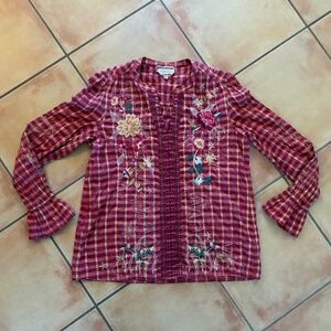 Gorgeous Johnny Was Plaid Embroidered Cotton Blouse Top Shirt Size S